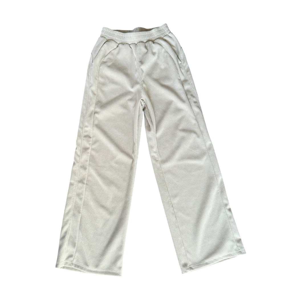 Halara Womens Cream Corduroy Wide Leg Pants High Waisted Elastic Waist Small NWT